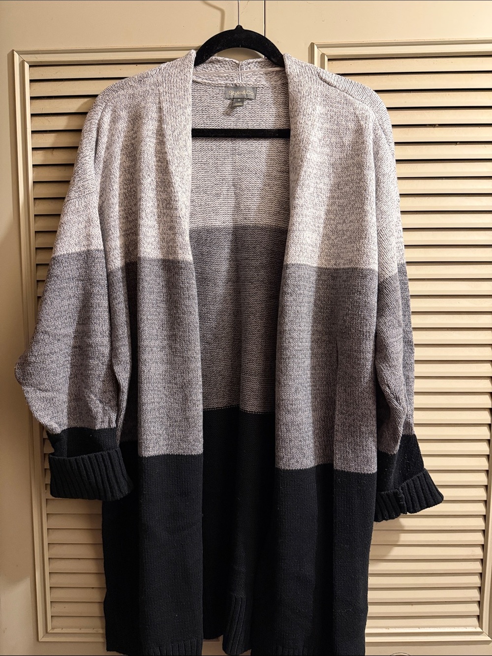 Style & Co. Colorblock Open-Front Cardigan — Black, Gray, Cream